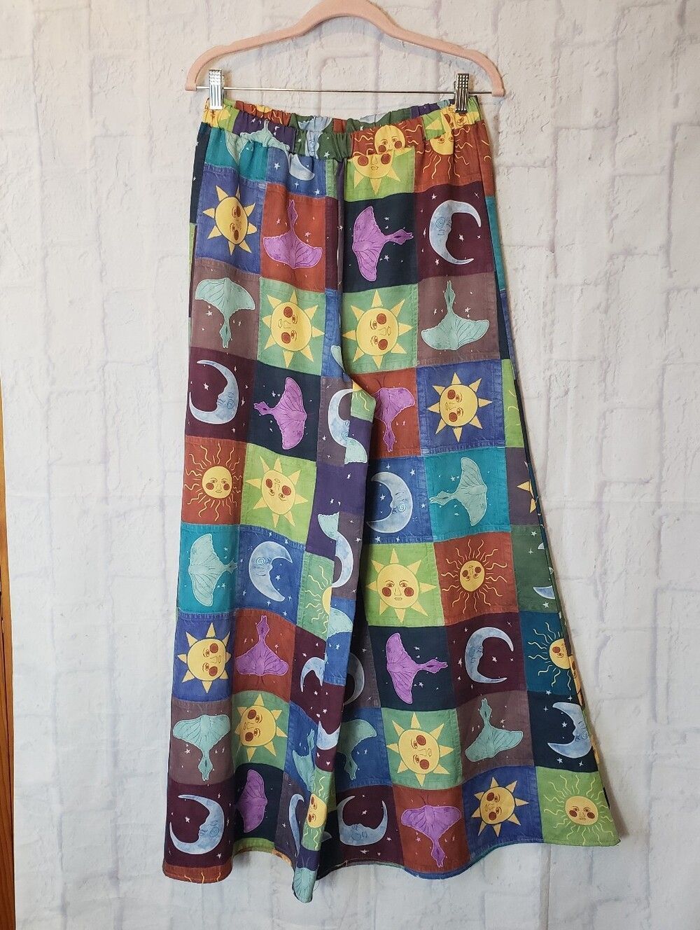 ROMWE Celestial Pull-On Wide Leg Pants Hippie Patchwork Large (8/10)